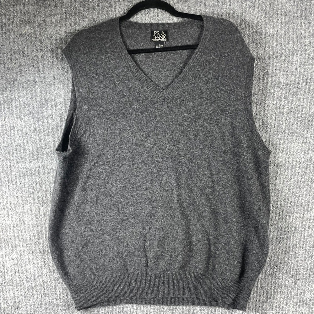 Jos A Bank Sweater Vest Mens Large Grey 100% Cashmere Traveler Collection V Neck